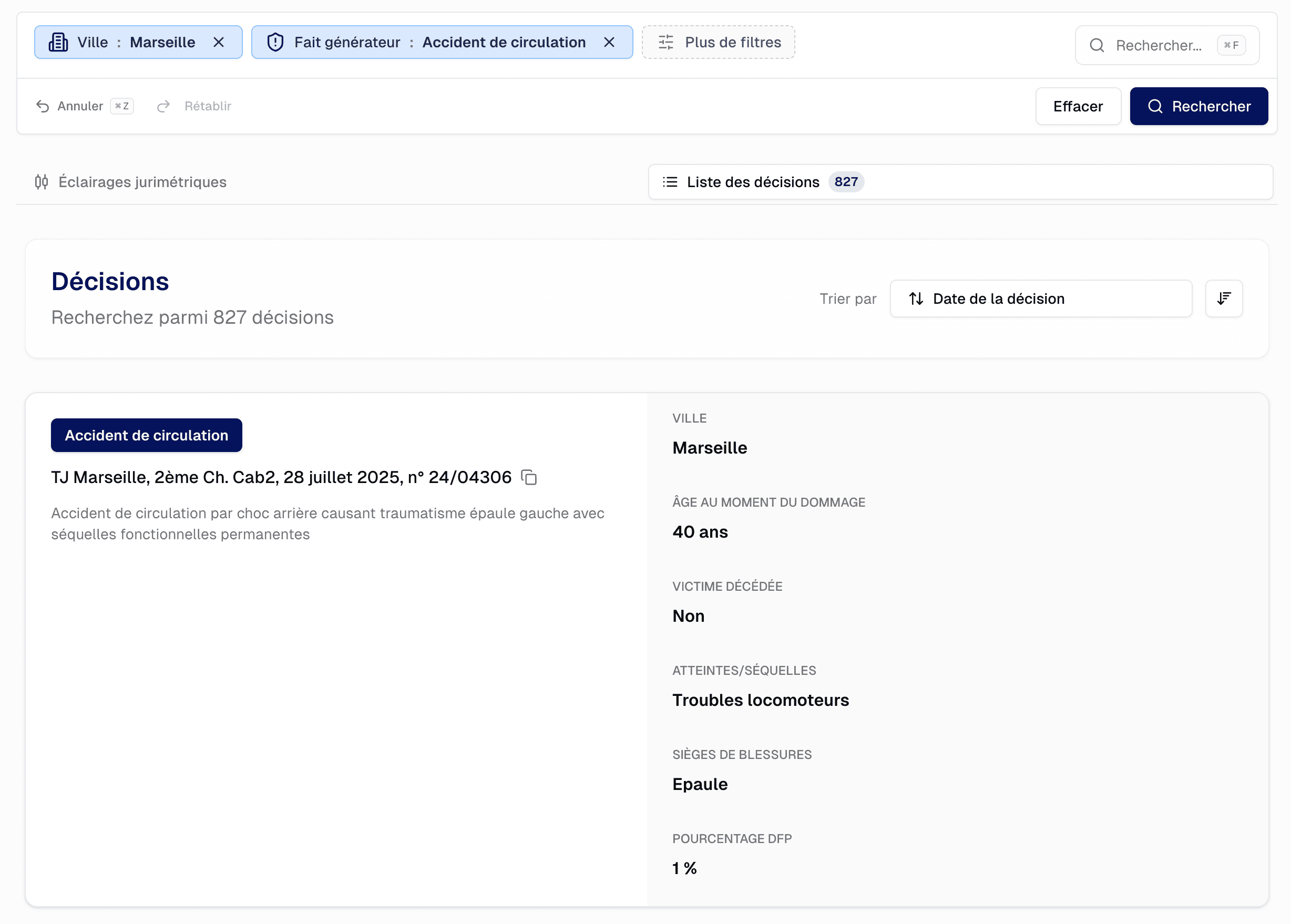 Navigation et filtrage des décisions
